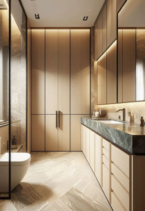 Project West bathroom with a travertine floor and quartz countertops