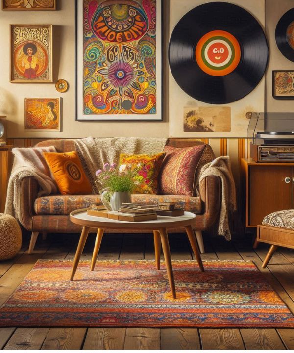 Retro boho living room with mid-century modern furniture