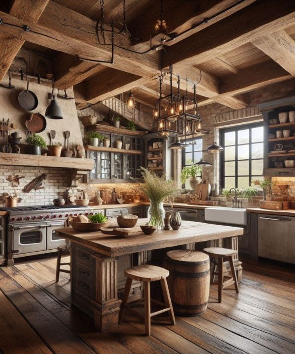 Rustic farmhouse kitchen with natural materials like stone