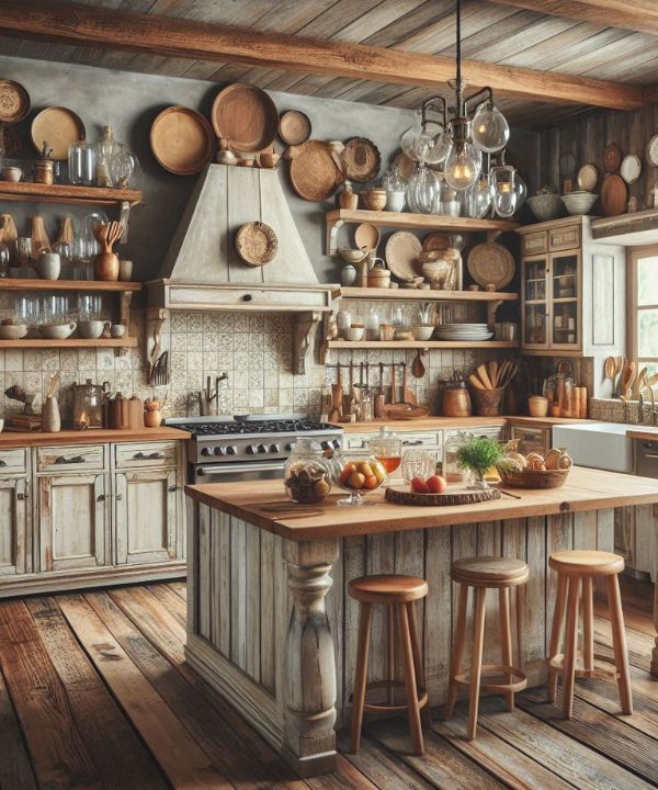 Rustic farmhouse kitchen with reclaimed wood cabinets