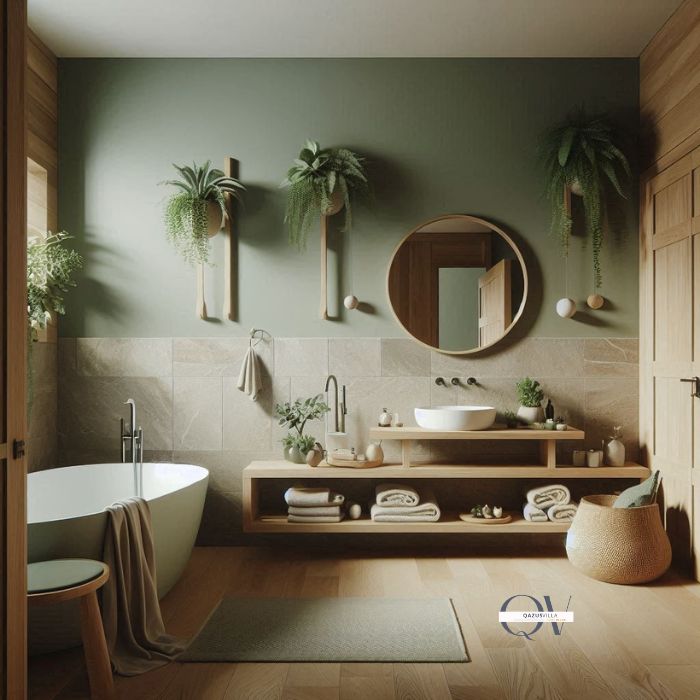 Sage Green Walls bathroom spa-like atmosphere wood stone white fixtures subtle elegance eco-friendly designs