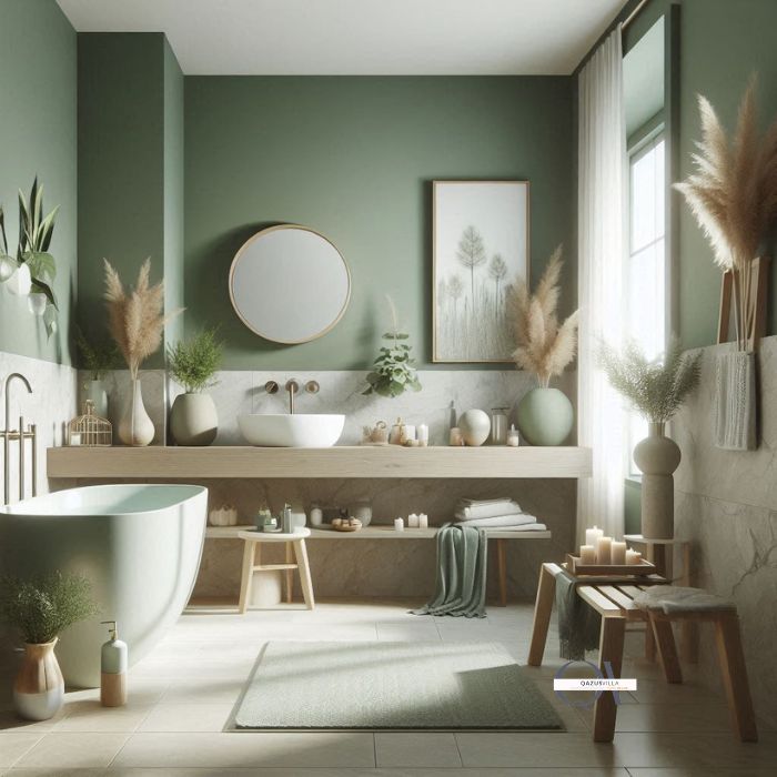 Sage Green Walls bathroom spa-like atmosphere wood stone white fixtures subtle elegance eco-friendly designs