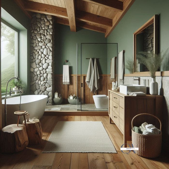 Sage Green Walls bathroom spa-like atmosphere wood stone white fixtures subtle elegance eco-friendly designs