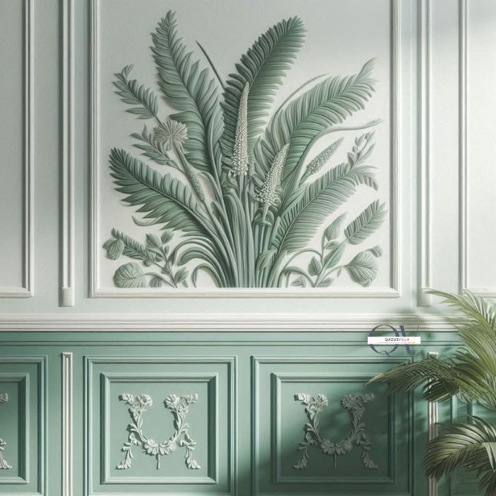 Seafoam Green Wainscoting botanical wallpaper charming retro vintage classic textured architectural interest depth light airy contrast balance white neutral upper walls protective layer durable easy clean bathrooms