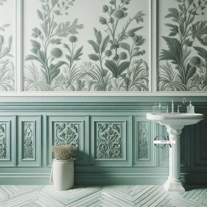 Seafoam Green Wainscoting botanical wallpaper charming retro vintage classic textured architectural interest depth light airy contrast balance white neutral upper walls protective layer durable easy clean bathrooms