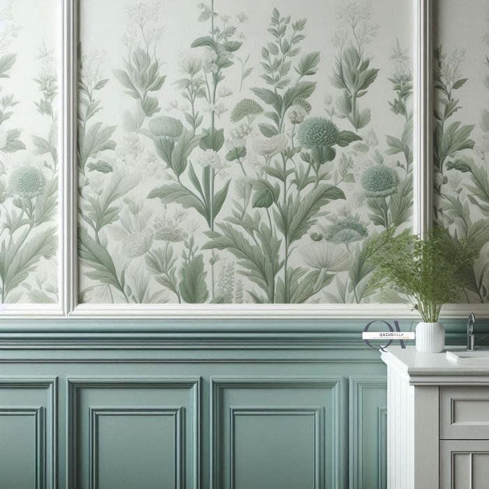 Seafoam Green Wainscoting botanical wallpaper charming retro vintage classic textured architectural interest depth light airy contrast balance white neutral upper walls protective layer durable easy clean bathrooms