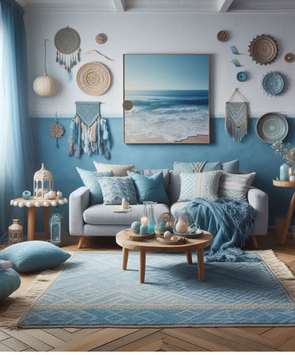 Serene boho living room with cool blues