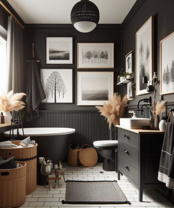 Small Bathroom Ideas on a Budget with black accents, one black painted wal