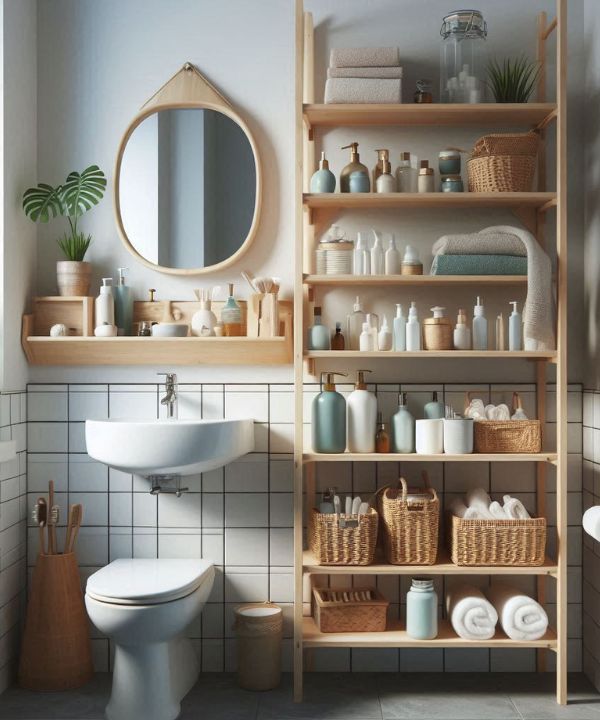 Small bathroom with DIY shelving for extra storage