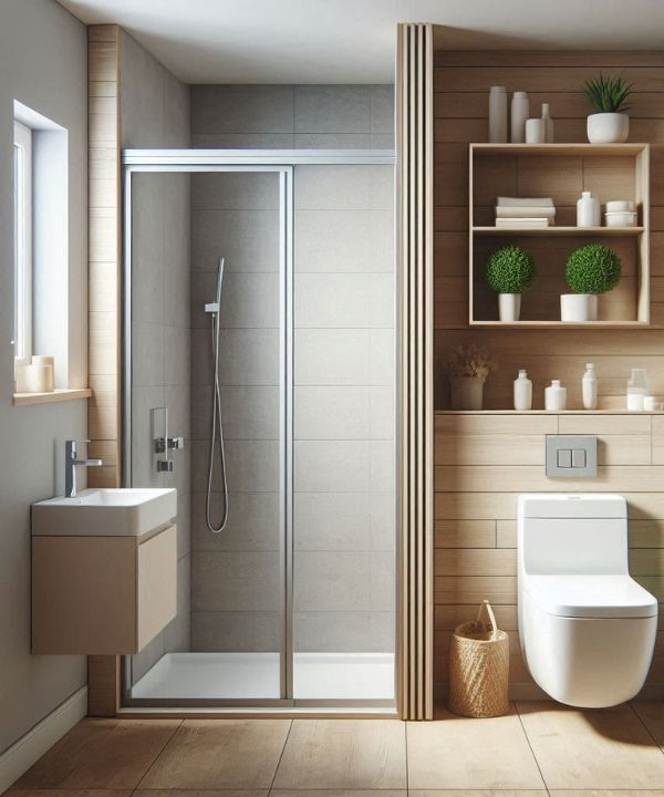 Small bathroom with a sliding door to preserve space
