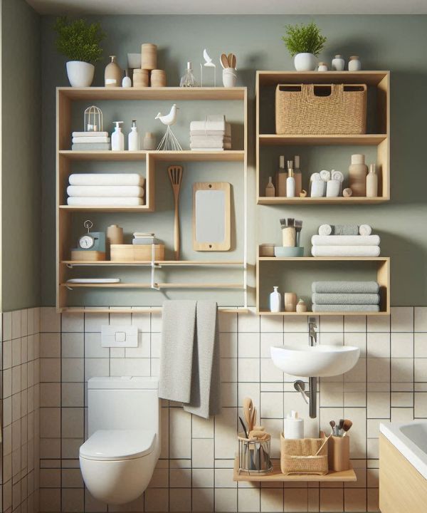 Small bathroom with floating shelves for ample storage