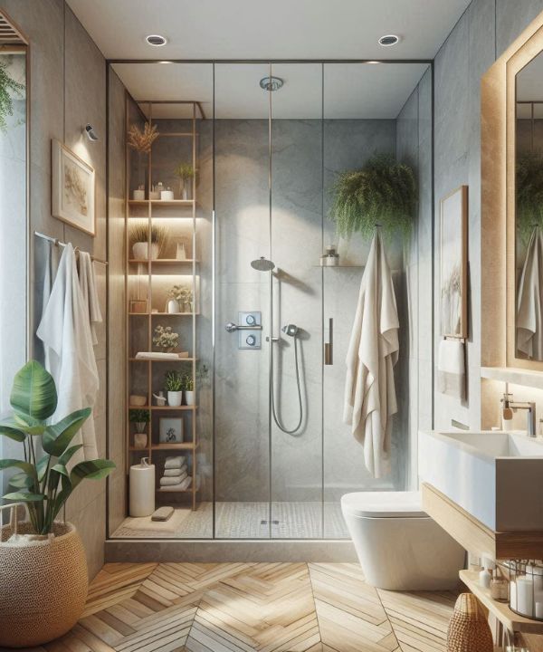 Small bathroom with glass shower doors to create an open and spacious feel