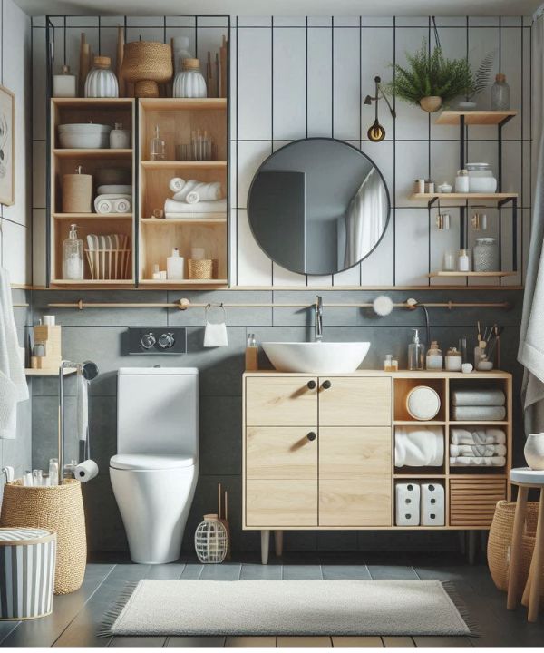 Small bathroom with multi-functional furniture pieces