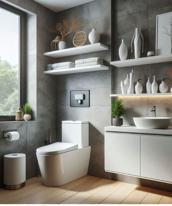 Small bathroom with wall-mounted toilets to free floor space