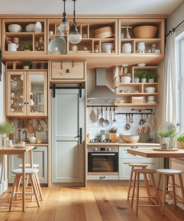 Small space farmhouse kitchen with clever storage solutions