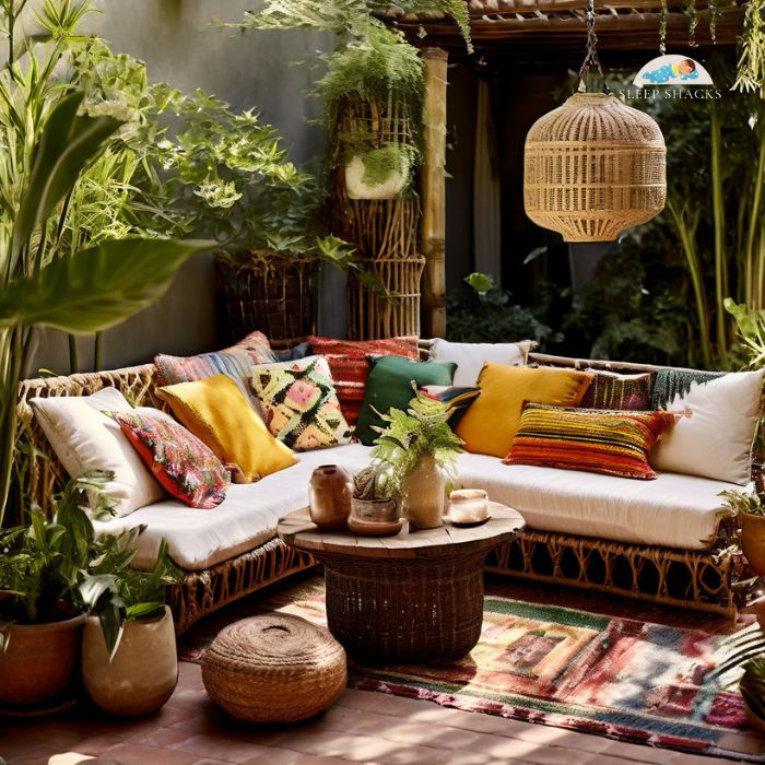 The Essence Of Boho Chic: a boho-style patio with vibrant colors and textures