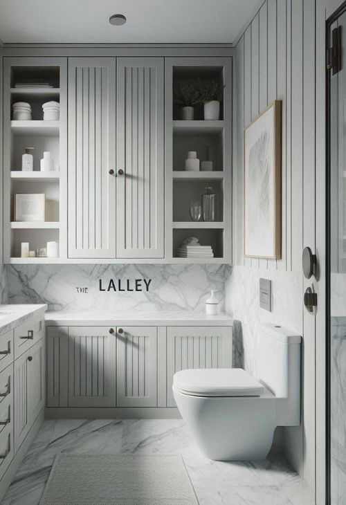 The Lalley: A modern small bathroom with shaker cabinets and marble countertops