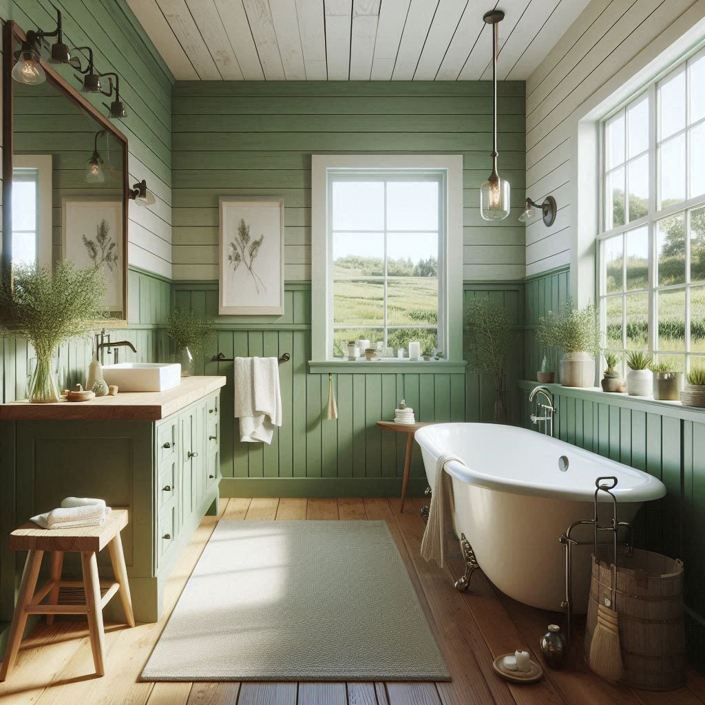 Green Shiplap Walls modern farmhouse bathroom rustic charm vertical lines soft color versatile style warm inviting