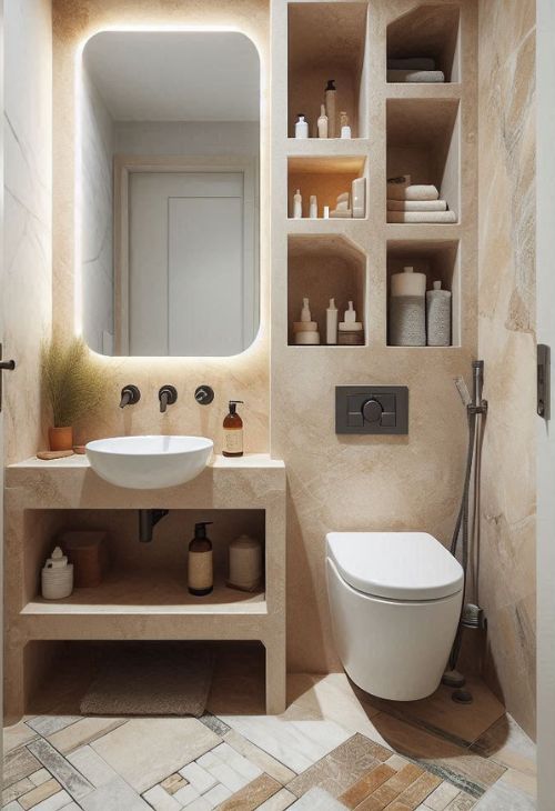  small bathroom remodel with a shaving niche and travertine floor