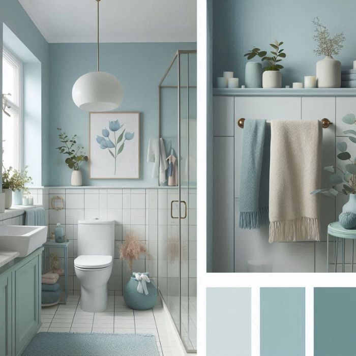 small bathroom remodel with soft blues and pale greens