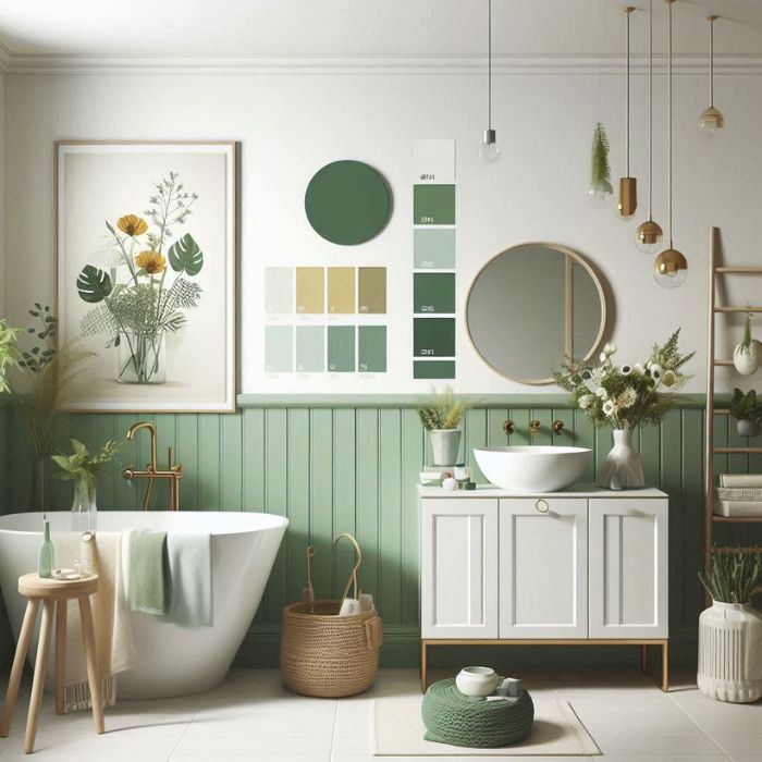 small bathroom with a green and white harmony theme