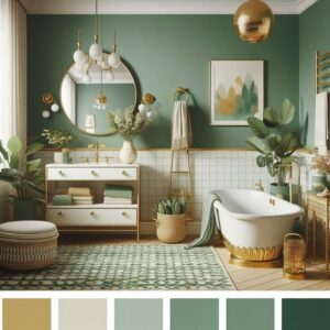 small bathroom with green and gold accent