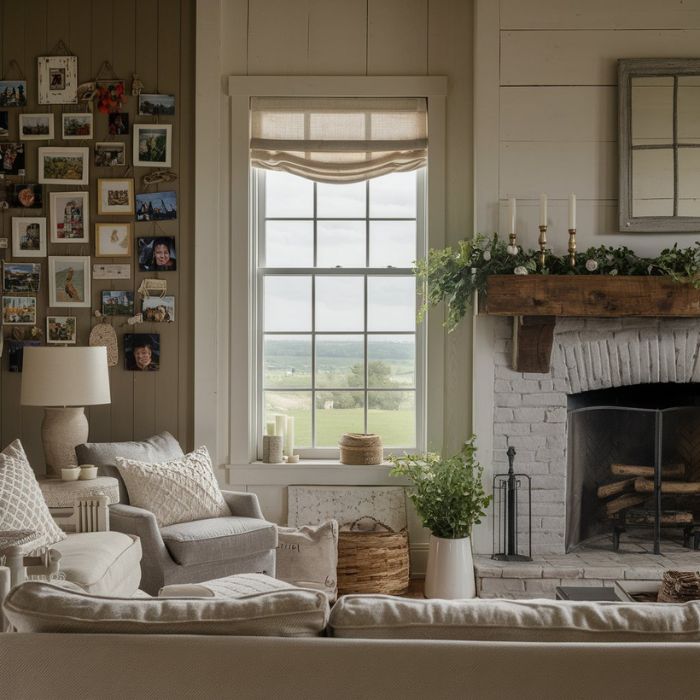 Create a real image of main topic is " Farmhouse Living Room Ideas" Create a Focal Point

Every living room needs a focal point. It draws attention and adds interest to the space.

Fireplace: A fireplace is a classic focal point in a farmhouse living room. Decorate the mantel with candles and greenery.
Gallery Wall: Create a gallery wall with family photos and artwork. It adds a personal touch.
Farmhouse Living Room Ideas (17)