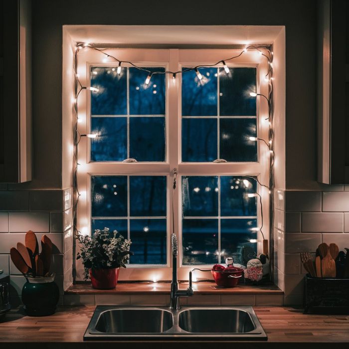 Small Kitchen Window Ideas Decorate with Fairy Lights
