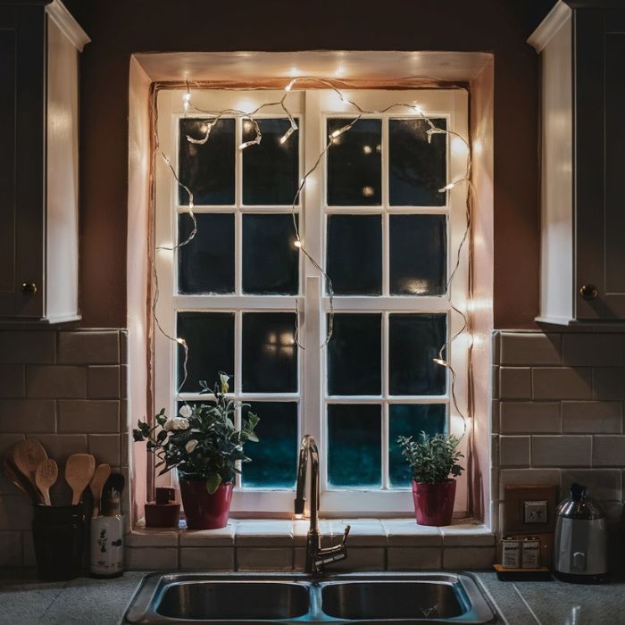 Small Kitchen Window Ideas Decorate with Fairy Lights
