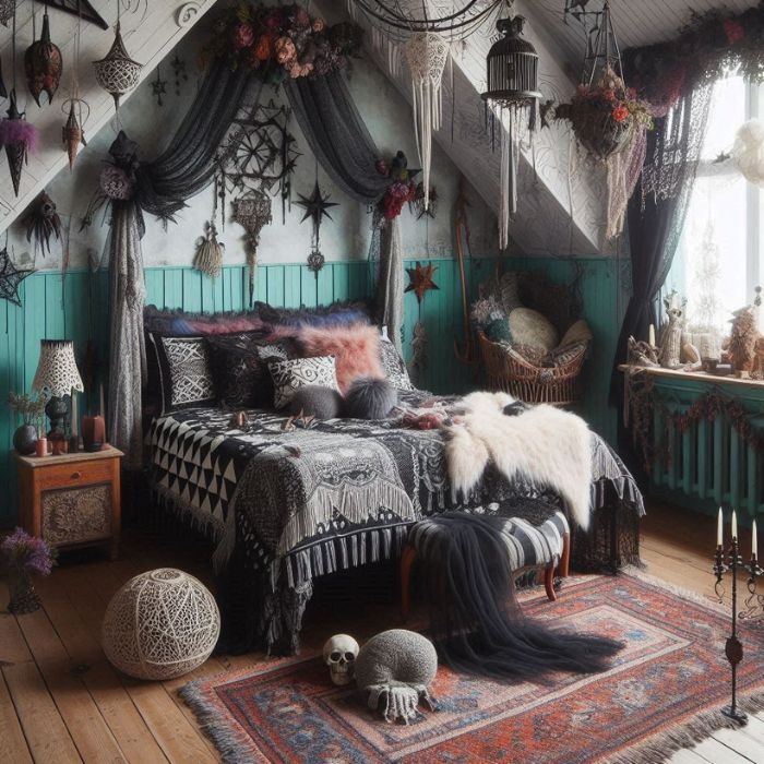 Whimsy goth bedroom with Textiles and Fabrics
