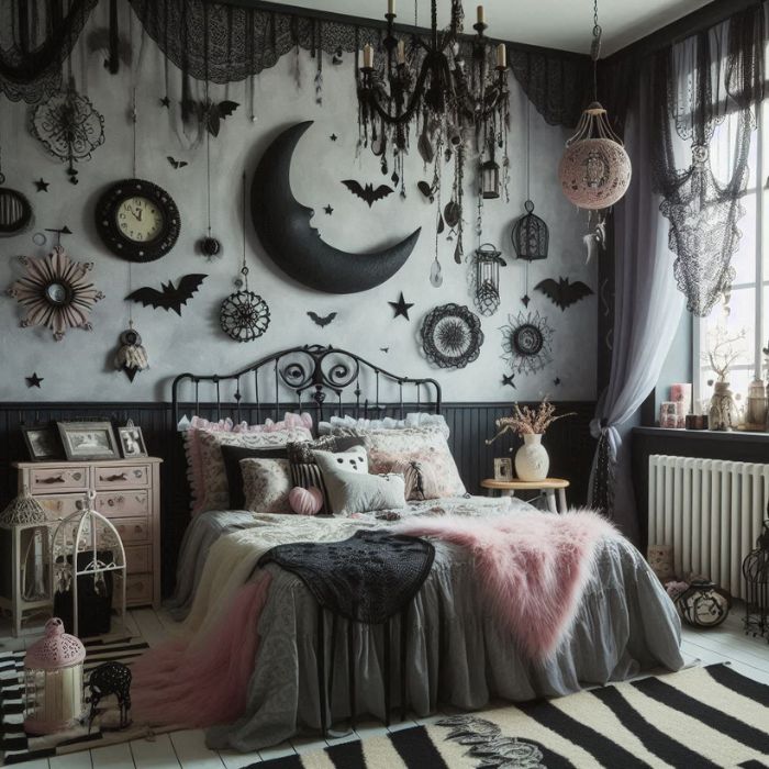 Whimsy goth bedroom with Wall Decor Ideas
